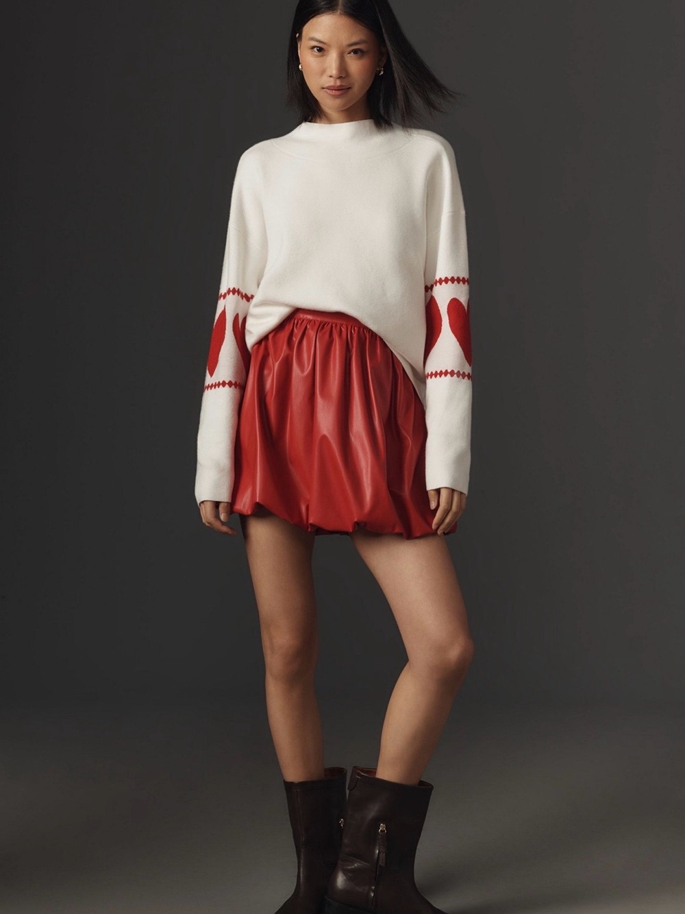 Maeve Anthropologie Women's S Ivory Red Heart Print Knit Mock Neck Sweater - Picture 4 of 13